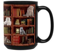 BORULEEY Cat Book Coffee Mug, Library Bookshelf Tea Cup, Black, 15oz