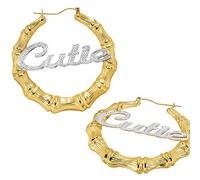 Bosajewel Personalized Bamboo Earrings for Women Custom Name Earrings Circle Gold Bamboo Hoop Earrings Hip-Pop Style Womens Girls Drop Dangle Earrings Jewelry Gift