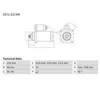 BOSCH 0986021490 Starter 318mm Length Clockwise Rotation 24V Voltage Fits DAF