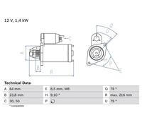 BOSCH 0986022730 Starter 216mm Length Clockwise Rotation Fits Opel Vauxhall