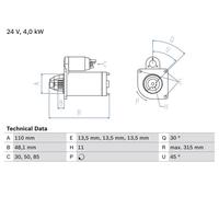 BOSCH 0986025890 Starter 315mm Length 24V Voltage 4kW Rated Power Fits DAF
