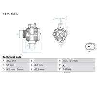 BOSCH 0986084010 Alternator 190mm Length Fits Mercedes-Benz C-Class E-Class