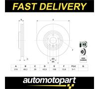 Bosch 2x Brake Discs Pair Vented Front 316mm 0986479E62 Set T4N1799 BD2663 New