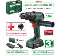 Bosch Cordless Combi Drill AdvancedImpact 18V-80 QuickSnap (Impact Drilling and Screwdriving; 18V System; Brushless Motor; 82 Nm; 13mm Metal Drill Chuck; with Battery and Charger)