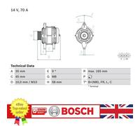 For Hyundai i20 Alternator Bosch 0986083780 165 mm Premium Graded 2008-2012