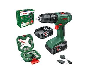 Bosch Cordless Hammer Drill EasyImpact 18V-40 (2X 2.0 Ah Battery, 18 Volt System, Screwdriver and Drill Set for Wood, Stone and Metal 34 Pieces, in Cardboard Package), 13 mm Chuck