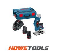 Bosch Professional 12V System Cordless Palm Router GKF 12V-8 (incl. Quick Charger GAL 12V-40, Open-Ended Spanner 17 mm, 2 x Battery GBA 12V 3.0Ah, Collet with nut 1/4", L-BOXX 136)