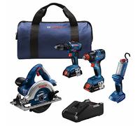 BOSCH GXL18V-497B23 18V 4-Tool Combo Kit with 2-In-1 1/4 In. and 1/2 In. Bit/Socket Impact Driver, 1/2 In. Hammer Drill/Driver, Circular Saw, Worklight with (1) CORE18V 4 Ah Battery & (1) 2 Ah Battery