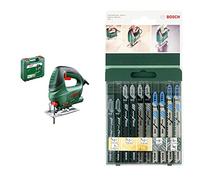 Bosch Home and Garden 06033A0770 Bosch PST 650-jig Saw, 500 W, 230 V, Green & 10-Piece Wood and Metal Jigsaw Blade Set (Wood and Metal, Accessories for Jigsaws, T Shank Socket)