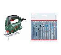 Bosch Home and Garden Jigsaw PST 700 E (500 W, 1x saw blade, in carrying case) + 10-Piece Set Jigsaw Blades Set (for Wood and Metal, Accessories for Jigsaw with T-Shank mounting)