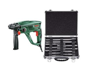 Bosch Home and Garden Rotary Hammer Pbh 2100 Re, 550 W, SDS Plus Chuck Fast, Keyless Accessory Changes, in Carrying Case + 11-Pcs SDS Plus Mixed Hammer Drill Bit and Chisel Set (for Concrete Masonry)