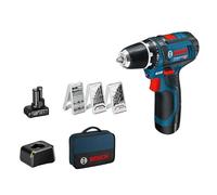 Bosch Professional 12V System GSR 12V-15 cordless drill driver (39-piece accessory set, 1 x 2.0 Ah rechargeable battery, 1 x 4.0 Ah rechargeable battery, charger, in bag)