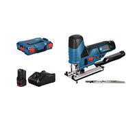 Bosch Professional 12V System GST 12V-70 Cordless Jigsaw (Cutting Depth in Wood: 70 mm, Including 2X Saw Blades, Glide Shoe, Anti-Splinter Guard, 2 x 3.0 Ah Batteries and Charger, in L-BOXX 136)