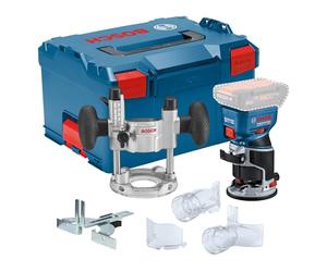 Bosch Professional 18V System Cordless Router GKF 18V-8 (incl. Parallel Guide, 2X vac adaptors, chip Shield, 8mm Collet, 2X Plunge Base vac adaptors, L-BOXX)