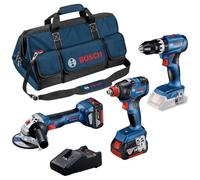 Bosch Professional 18V Tool Kit: GSB 18V-45 GDX 18V-200 GWS 18V-7 (Blue, 2x Li-Ionen Akku 5.5Ah, Werkzeugtasche)