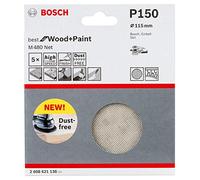 Bosch Professional 2608621138 G150, Set of 5 Sanding Sheets M480 Best (Wood and Paint, Ø 115 mm x 5, Grit P150, Accessories for Random Orbit Sander), White,