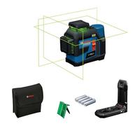Bosch Professional line Laser GLL 12V-100-33 CG (3 x 360° Green Laser, Working Range 100 m (Radius) with Receiver, Levelling Remote app, IP 65, LB 10, 4 x 1,5V LR6 (AA), AA1 Adapter, Pouch)