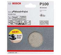 Bosch Professional Set of 5 Sanding Sheets M480 Best for Wood and Paint (Wood and Paint, Ø 115 mm, grit G100, Accessories for Random Orbit Sander)