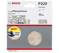 Bosch Professional Set of 5 Sanding Sheets M480 Best for Wood and Paint (Wood and Paint, Ø 115 mm, grit G220, Accessories for Random Orbit Sander)