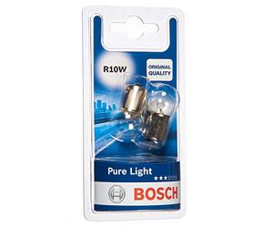 Bosch R10W (245) Pure Light Halogen Headlight Bulbs, 12 V 10 W, Original Quality - Socket Type BA15s - Pack of 2 Replacement Car Light Bulbs