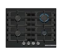 Bosch, Series 4, PNP6B6K40, 60cm Gas Hob with 4 burners, Front control, 4 Dishwasher suitable cast iron pan supports, new standard sword dials, Tempered Glass