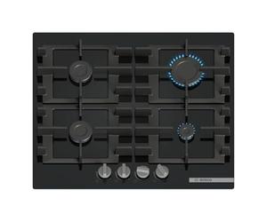 Bosch, Series 4, PNP6B6K40, 60cm Gas Hob with 4 burners, Front control, 4 Dishwasher suitable cast iron pan supports, new standard sword dials, Tempered Glass