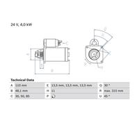 BOSCH 0986025890 Starter 315mm Length 24V Voltage 4kW Rated Power Fits DAF
