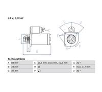 Bosch Starter Motor 24V 4kW 11 Teeth fits Man G90 1987-1995 8.150 9.150 10.150