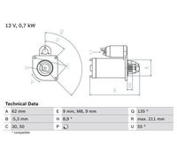 BOSCH Starter Motor for Peugeot 106 i H3A(TU1) 1.1 January 1997 to January 2001