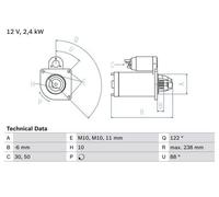 Bosch Starter Motor 12V 2.4kW 10 Teeth fits Renault