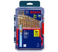 BOSCH TI29 29-Piece Assorted Set Titanium Nitride Coated Metal Drill Bits with Included Case with Three-Flat Shank for Applications in Heavy-Gauge Carbon Steels, Light Gauge Metal, Hardwood
