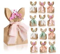BOSENIYU 24 Pcs Paper Easter Bunny Party Favor Bags, Rustic Rabbit Ears DIY Gift Boxes with Bow Ribbon and Artificial Flowers for Easter Farmhouse Spring.