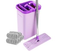 BOSHENG Mop and Bucket with Wringer Set, Hands Free Flat Floor Mop and Bucket, 5 Washable Microfiber Pads Included, Wet and Dry Use, Home Floor Cleaning System for All Floor Types and Windows,Purple