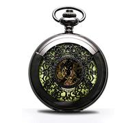BOSHIYA Hand Wind Up Mechanical Pocket Watch with Chains Steampunk Vintage Black Skeleton Dial Roman Numberals, Carved Black, Mechanical