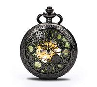 BOSHIYA Mechanical Pocket Watch Hand Wind Luminous Retro Hollow Roman Numerals Steampunk Black Pocket Watch with Chain Gift Box for Men