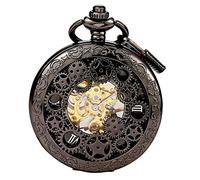 BOSHIYA Mechanical Pocket Watch Hand Wind Retro Hollow Roman Numerals Steampunk Black Pocket Watch with Chain for Men + Gift Box