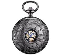 BOSHIYA Mechanical Pocket Watch Luminous Steampunk Vintage Pocket Watch/with Chains/Hand Wind Up/Black Skeleton/Dial Roman Numberals, JXH0602, Mechanical
