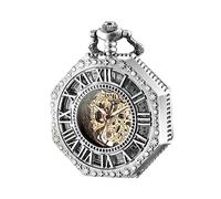 BOSHIYA Mechanical Pocket Watch Luminous Steampunk Vintage Pocket Watch/with Chains/Hand Wind Up/Black Skeleton/Dial Roman Numberals, Octagon-Silver