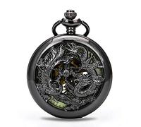 BOSHIYA Mens Vintage Skeleton Pocket Watch Steampunk Windup Half Hunter Mechanism Gear Cover with Chain, Dragon and phoenix, L, Mechanical