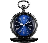 BOSHIYA Pocket Watches for Men Vintage Unique Blue Dial Roman Numerals Scale Black Quartz Pocket Watch with Chain for Christmas Graduation Birthday Gifts, Black Case Blue Dial, Quartz Movement