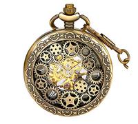 BOSHIYA Vintage Mechanical Pocket Watches for Men Luminous Steampunk Pocket Watch with Chain Black Skeleton Dial Roman Numberals Pocketwatch Gifts for Fathers Day, HollowGear-Bronze, Steampunk