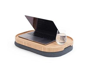 Bosign CurveLine Laptray with bean bag cushion. Portable Lap desk for Laptop, Breakfast, Dinner. Non-slip tray. Washable, removable cushion cover. Willow wood. Grey cushion. LARGE (47x34x6,5 cm)
