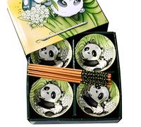 BOSILI 4-Piece Cute Panda Ceramic Bowl Set with 4 Pairs Chopsticks & Gift Box, 4.5" Hand-Painted Porcelain Rice & Noodle Bowls, Bamboo Design, Microwave & Dishwasher Safe, Ideal New Year Gift