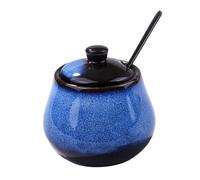 BOSILI Blue Ceramic Sugar Bowls with Lid Seasoning Container with Stainless Steel Spoon for Spice Salt