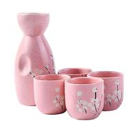 BOSILI Ceramic Japanese Sake Set 1 Saki Bottle and 4 Cups 5 Pieces Plum Blossom Style for Sake and Wine(Pink)