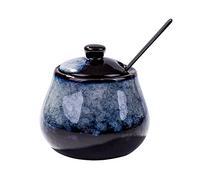 BOSILI Ceramic Sugar Bowls, Reactive Glaze, Sugar Bowl for Sugar, Spices, Salt Containers with Lid and Stainless Steel Spoon for Home and Kitchen (Blue Grey)