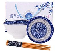 BOSILI Chinese Blue and White Rice Bowl and Chopsticks Set Ceramic Sushi Bowls for Soup Snack (2 Pieces)