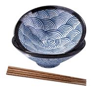 BOSILI Japanese Blue Ceramic Ramen Bowl Set for Pho Porridge 2 Ceramic Noodle Bowls and 2 Pair Chopstick (LBL)