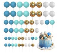 Bosillsm 60 Pcs Ball Cake Topper Balloons Decoration DIY Insert Topper Foam Cake Balls Baking Decoration for Christmas Wedding Anniversary Birthday (Blue, Gold, White)