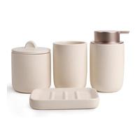 BosilunLife 4 pcs Ceramic Bathroom Accessories Set - Bathroom Counter Soap Set, Foam Dispenser, Soap Dish, Toothbrush Holder/Tumbler, Cotton Swab Jar(Pockmarked Beige, Foam)